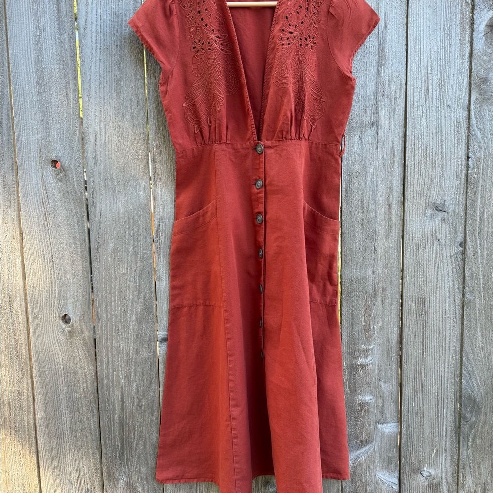 Rust Button-Down Midi Dress